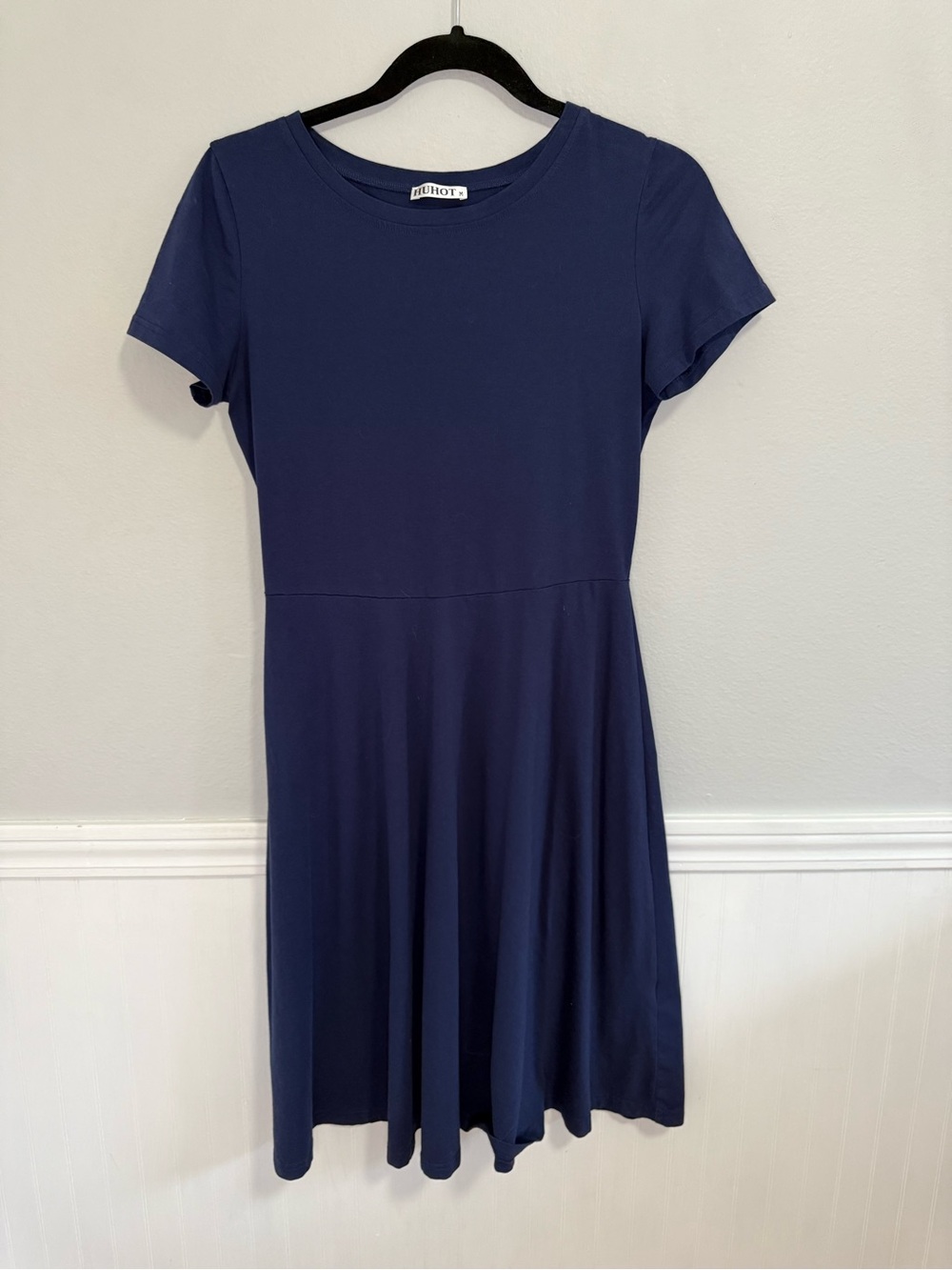 Huhot Navy Short-Sleeve Fit & Flare Midi Cotton Dress